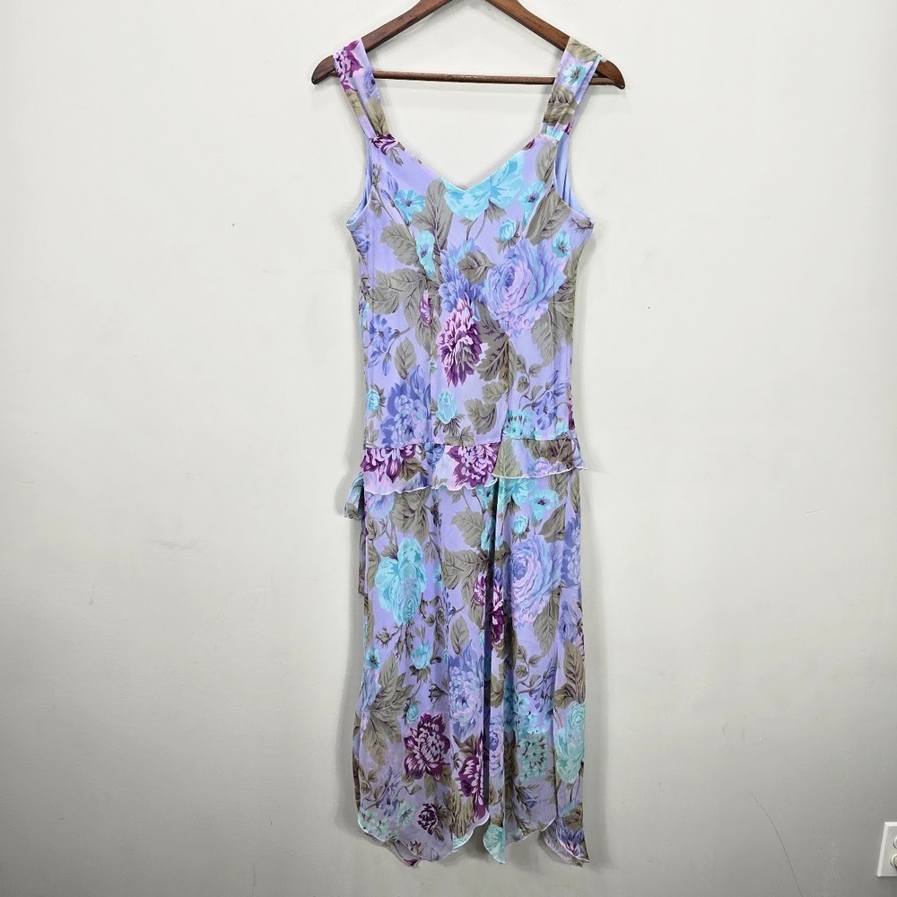 Vintage Meghan Mathews Midi Dress 10 Lilac Floral Asymmetrical Fairy Y2K Flutter - Picture 5 of 12